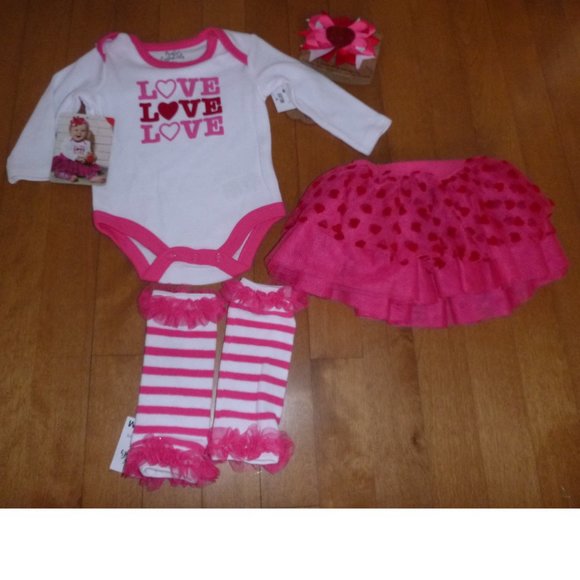 Baby Essentials LOVE  4-Pc Bodysuit, Tutu, Leg Warmers & Headband Size 6 9 mo NW - Picture 2 of 5